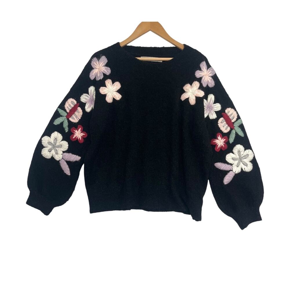 Boundless North Sweater Womens Large Black Wool Blend Floral Embroidered Boho